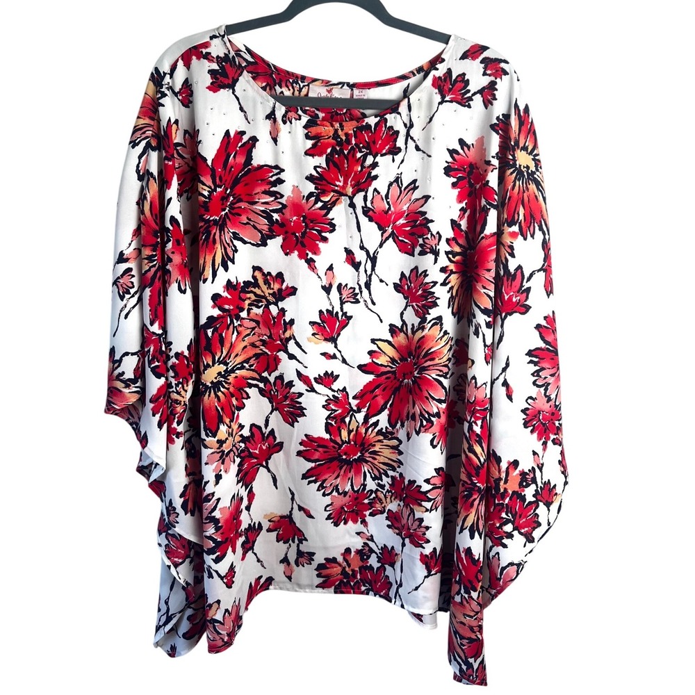 Quacker Factory Floral Poncho Top Blouse Size 2X Plus Flowy Embellished